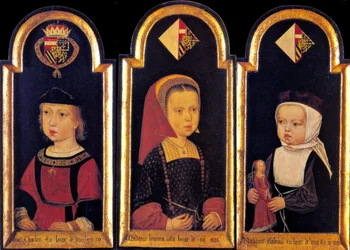 Erzherzog Karl, der spätere Heilige Römische Kaiser Karl V., mit seinen Schwestern Eleonore und Isabella im Alter von 2 Jahren